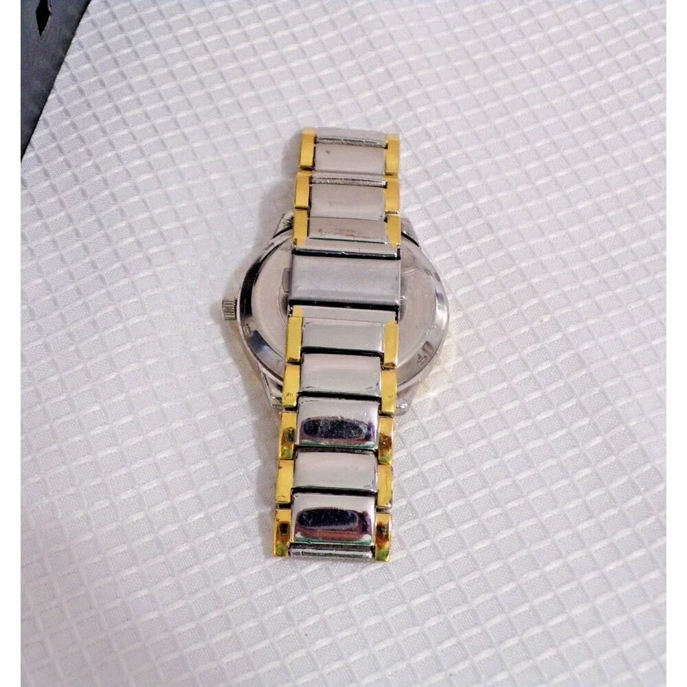 Omex Orlando Quartz Men's Wristwatch Silver & Gold Tone Dbl Folded Clasp Roman #